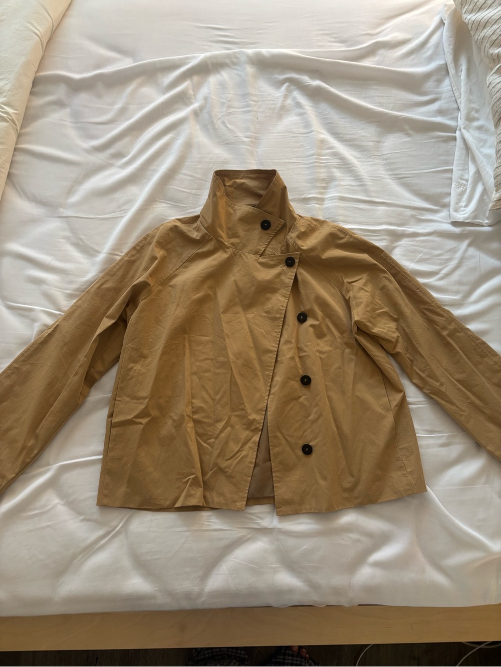 Lightweight Tan Funnel Neck Trench Jacket with Asymmetric Button